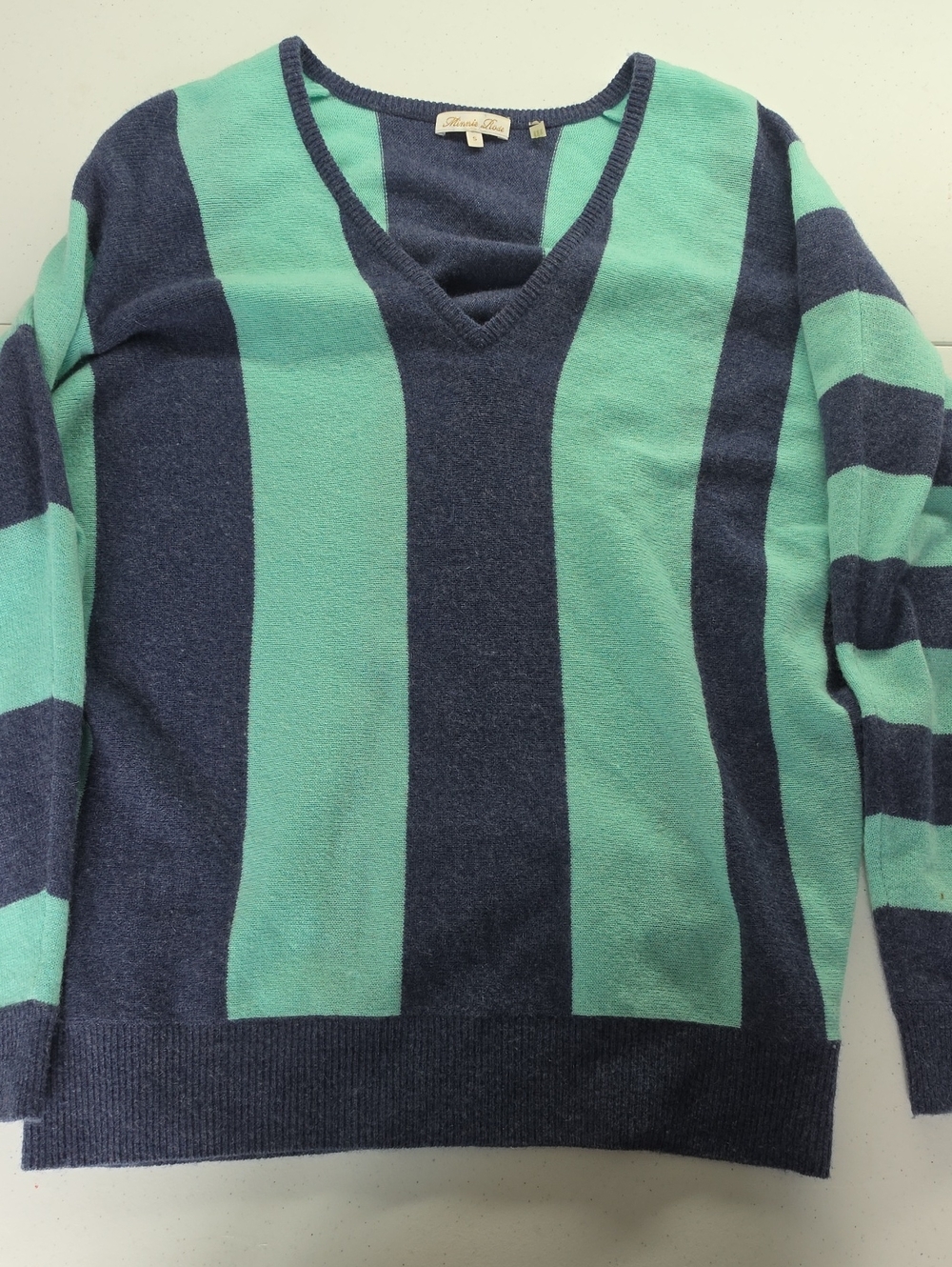 Minnie Rose Woman V-Neck Sweater in Teal and Navy Stripes 100% Cashmere C34